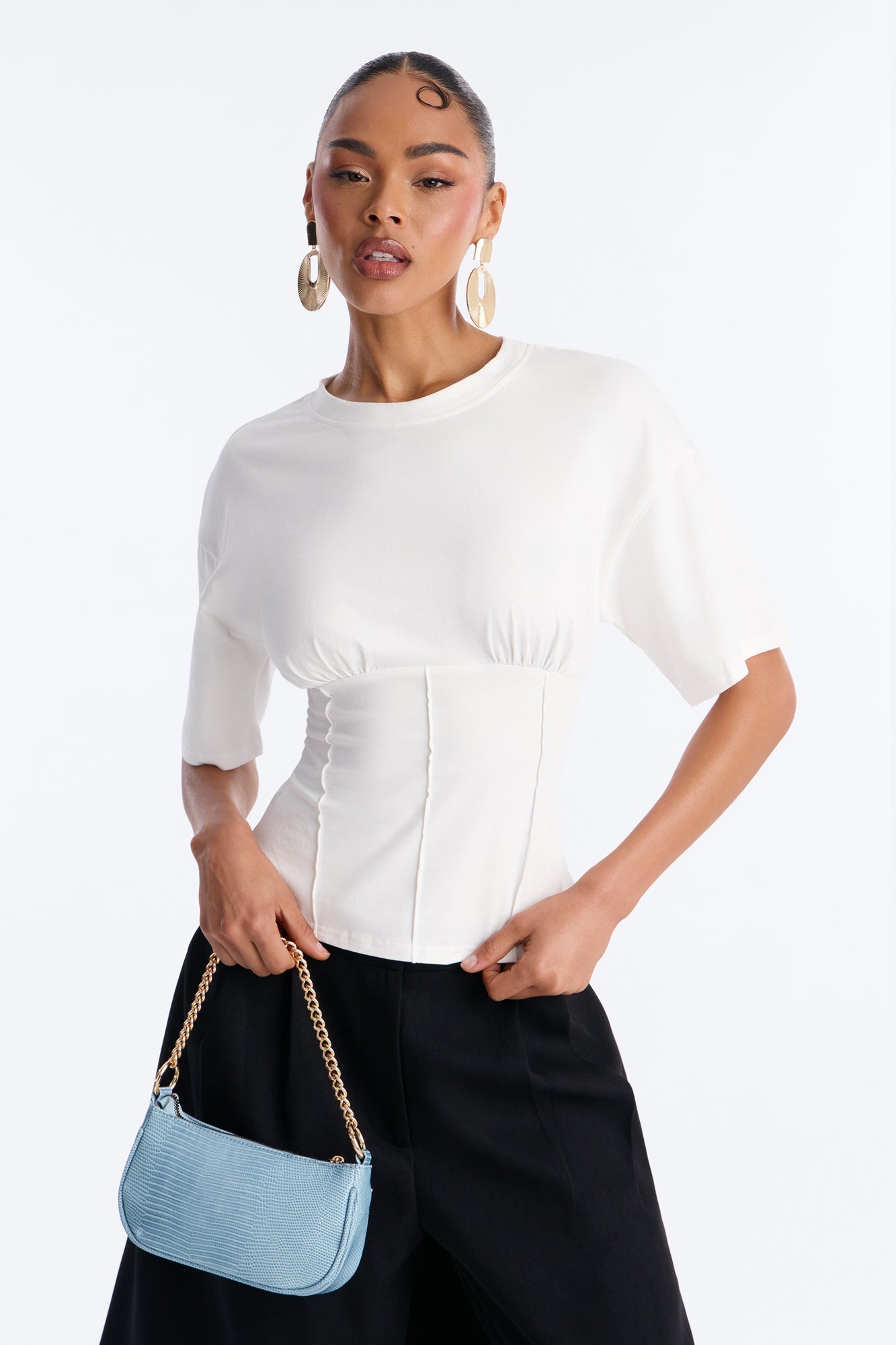 Kaylee Cinched Waist Short Sleeve T-Shirt - White NEWFASHIONEDGE