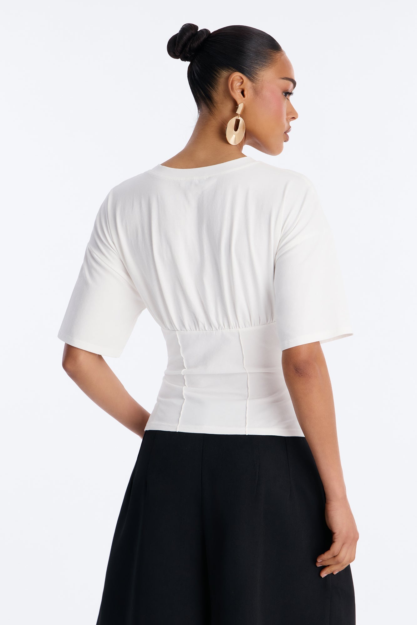 Kaylee Cinched Waist Short Sleeve T-Shirt - White NEWFASHIONEDGE