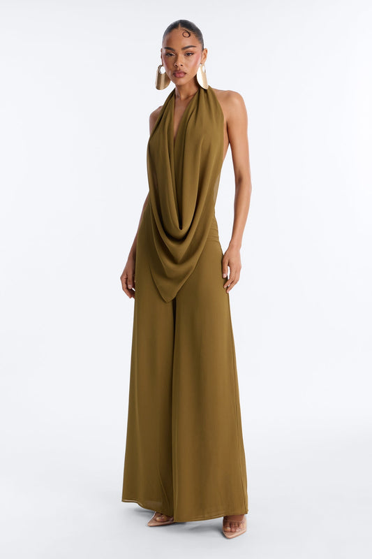 Celsa Chiffon Cowl Jumpsuit - Olive NEWFASHIONEDGE
