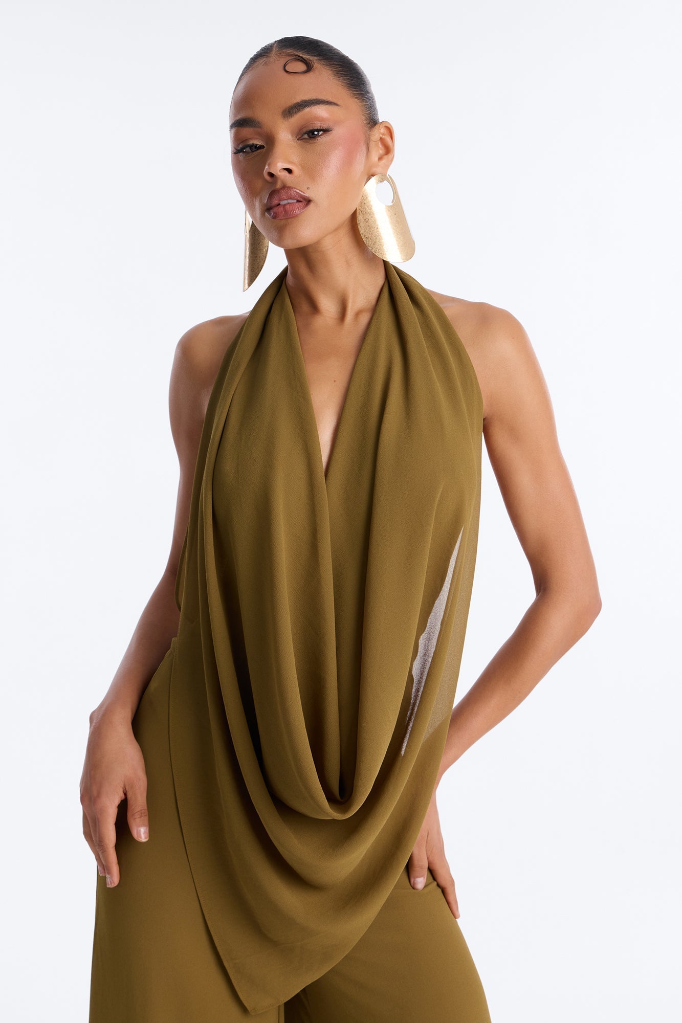 Celsa Chiffon Cowl Jumpsuit - Olive NEWFASHIONEDGE