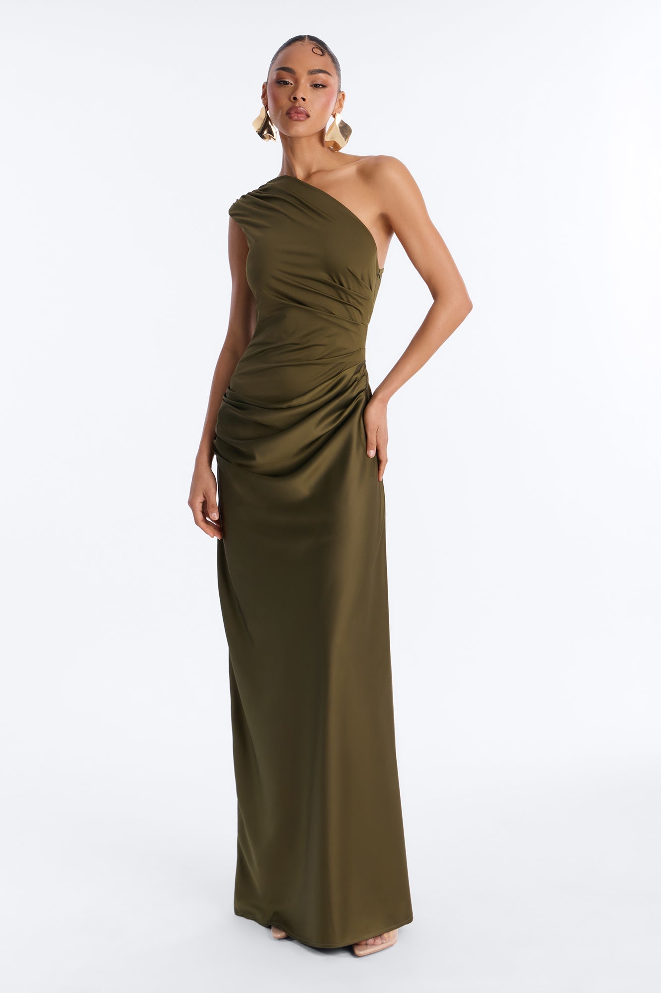City Nights One Shoulder Satin Maxi Dress - Olive NEWFASHIONEDGE