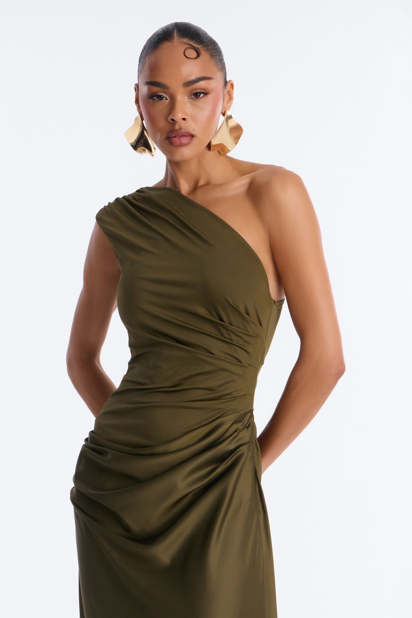 City Nights One Shoulder Satin Maxi Dress - Olive NEWFASHIONEDGE