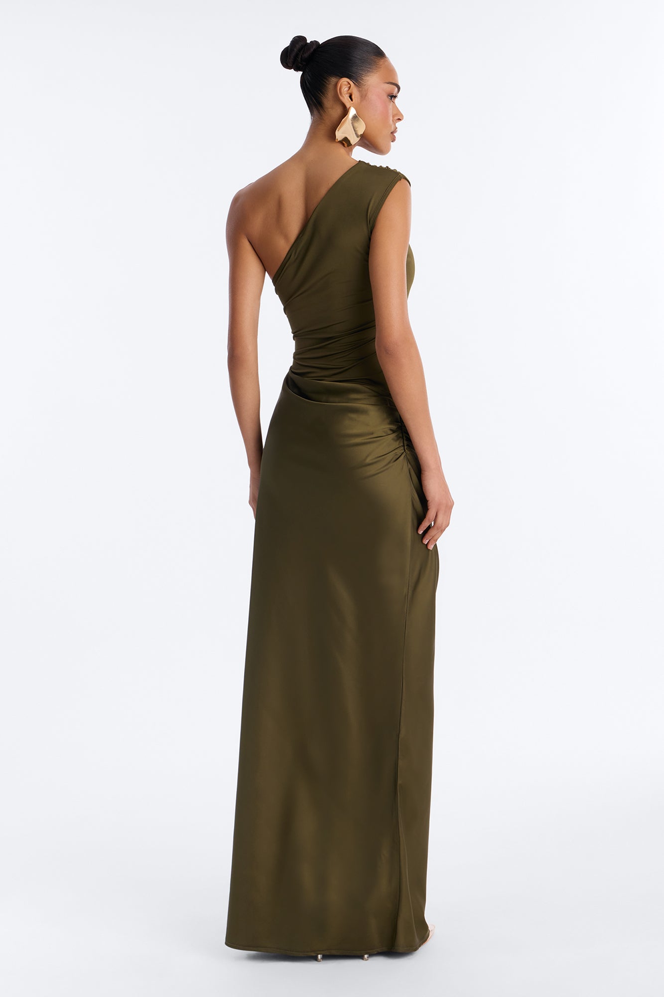 City Nights One Shoulder Satin Maxi Dress - Olive NEWFASHIONEDGE