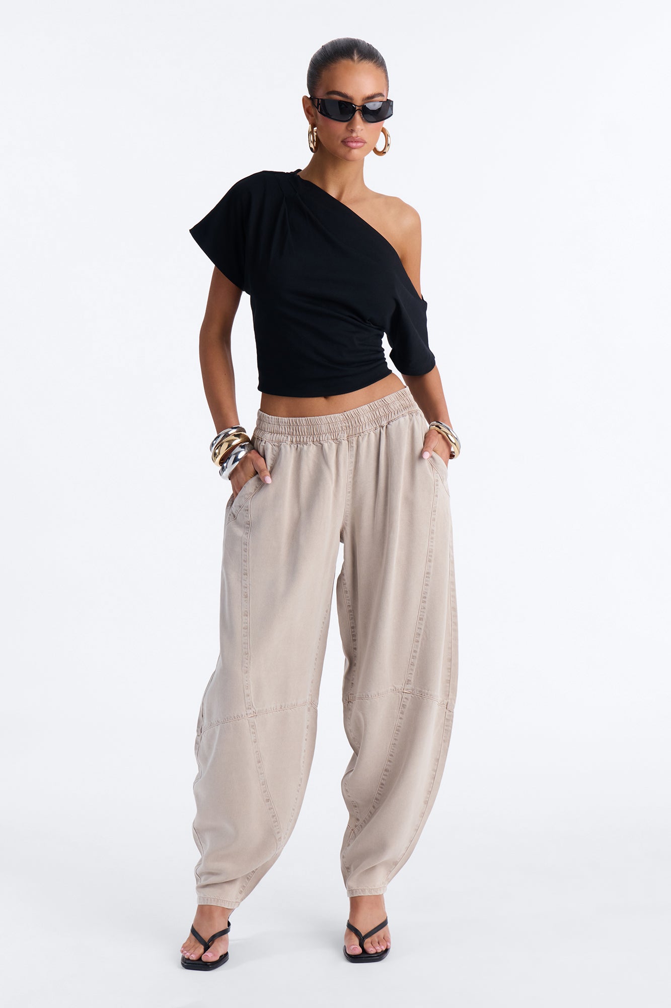 Jeannie Mid Rise Washed Barrel Pants - Stone NEWFASHIONEDGE