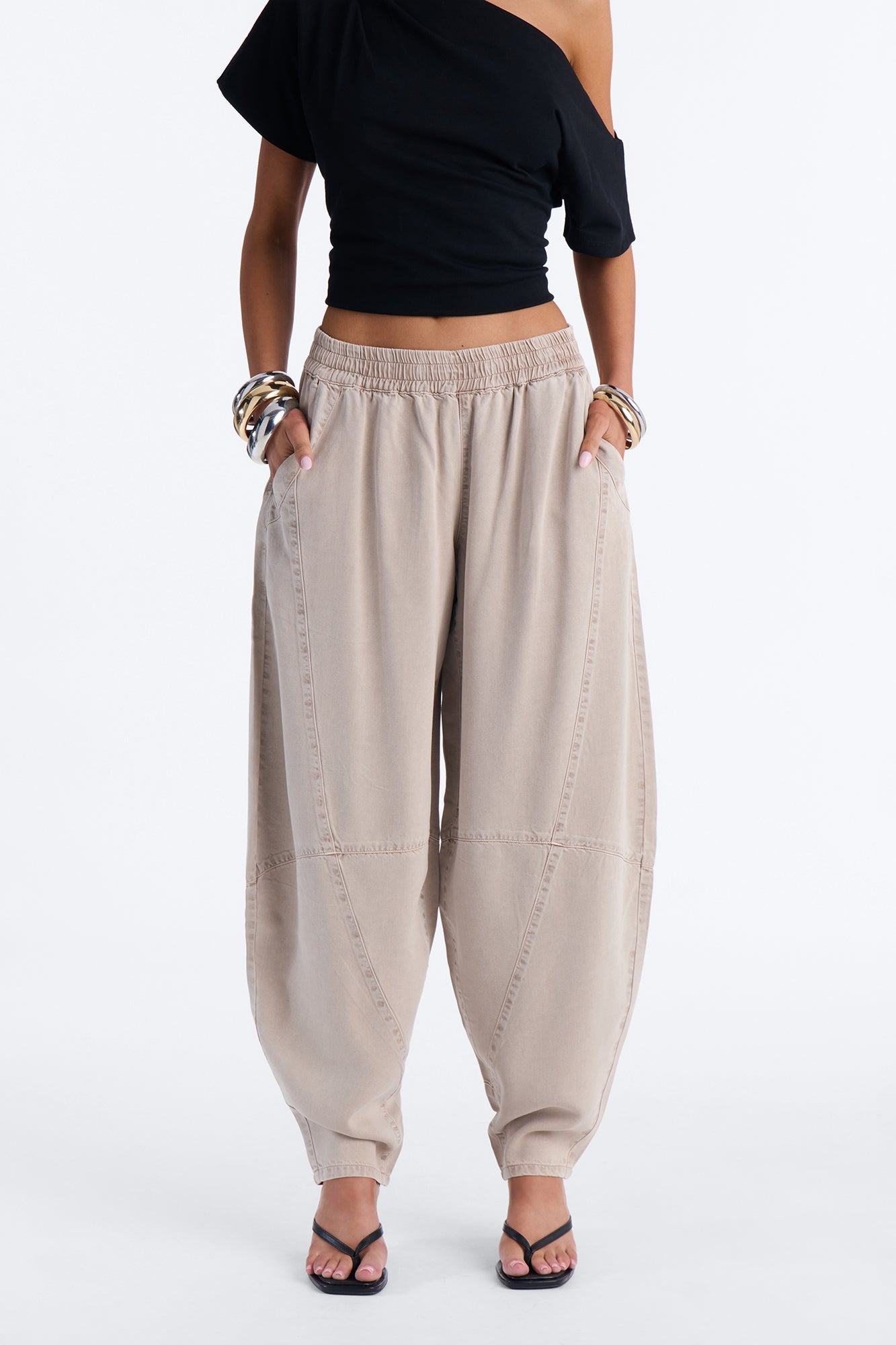 Jeannie Mid Rise Washed Barrel Pants - Stone NEWFASHIONEDGE