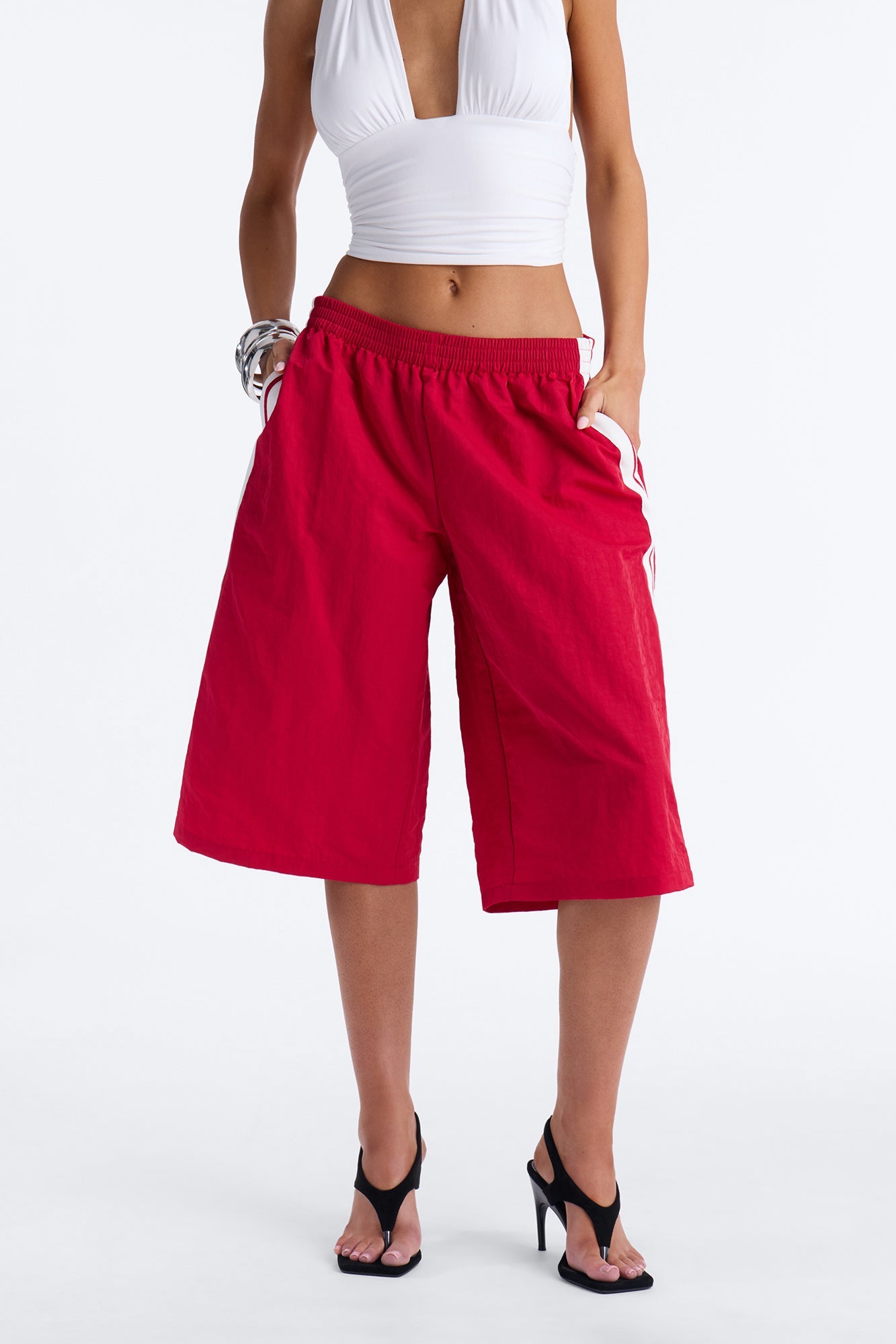 Can't Keep Up Striped Bermuda Track Short - Red/White Fashion Nova