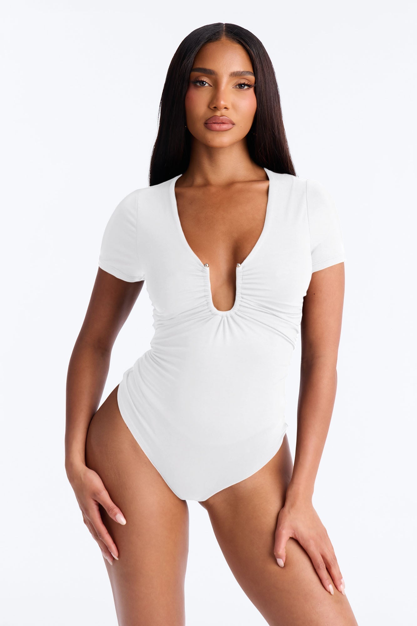 Danielle Deep V Neck Short Sleeve Bodysuit - White NEWFASHIONEDGE