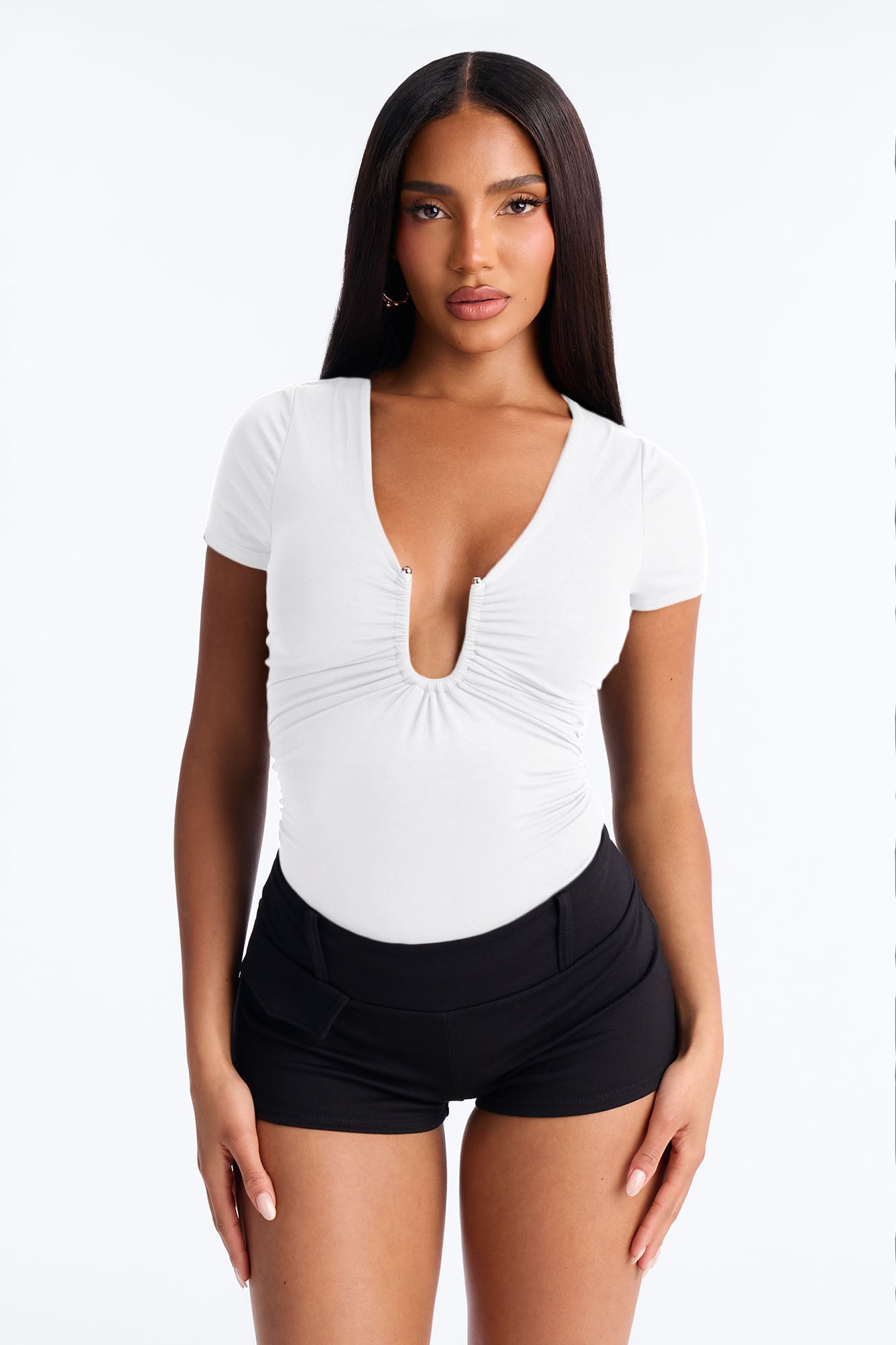 Danielle Deep V Neck Short Sleeve Bodysuit - White NEWFASHIONEDGE