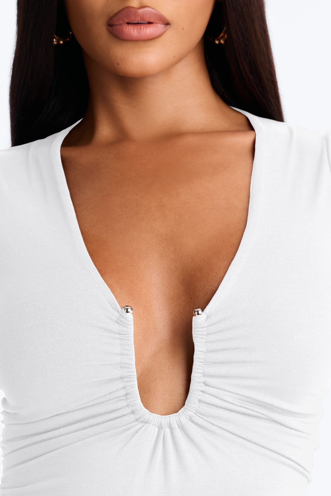 Danielle Deep V Neck Short Sleeve Bodysuit - White NEWFASHIONEDGE