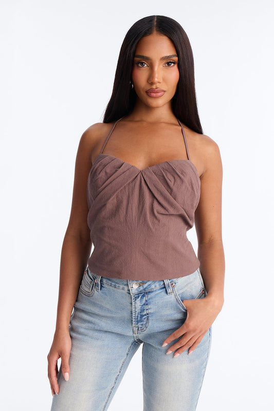 Flirty Fit Check Pleated Twill Cami Top - Chocolate