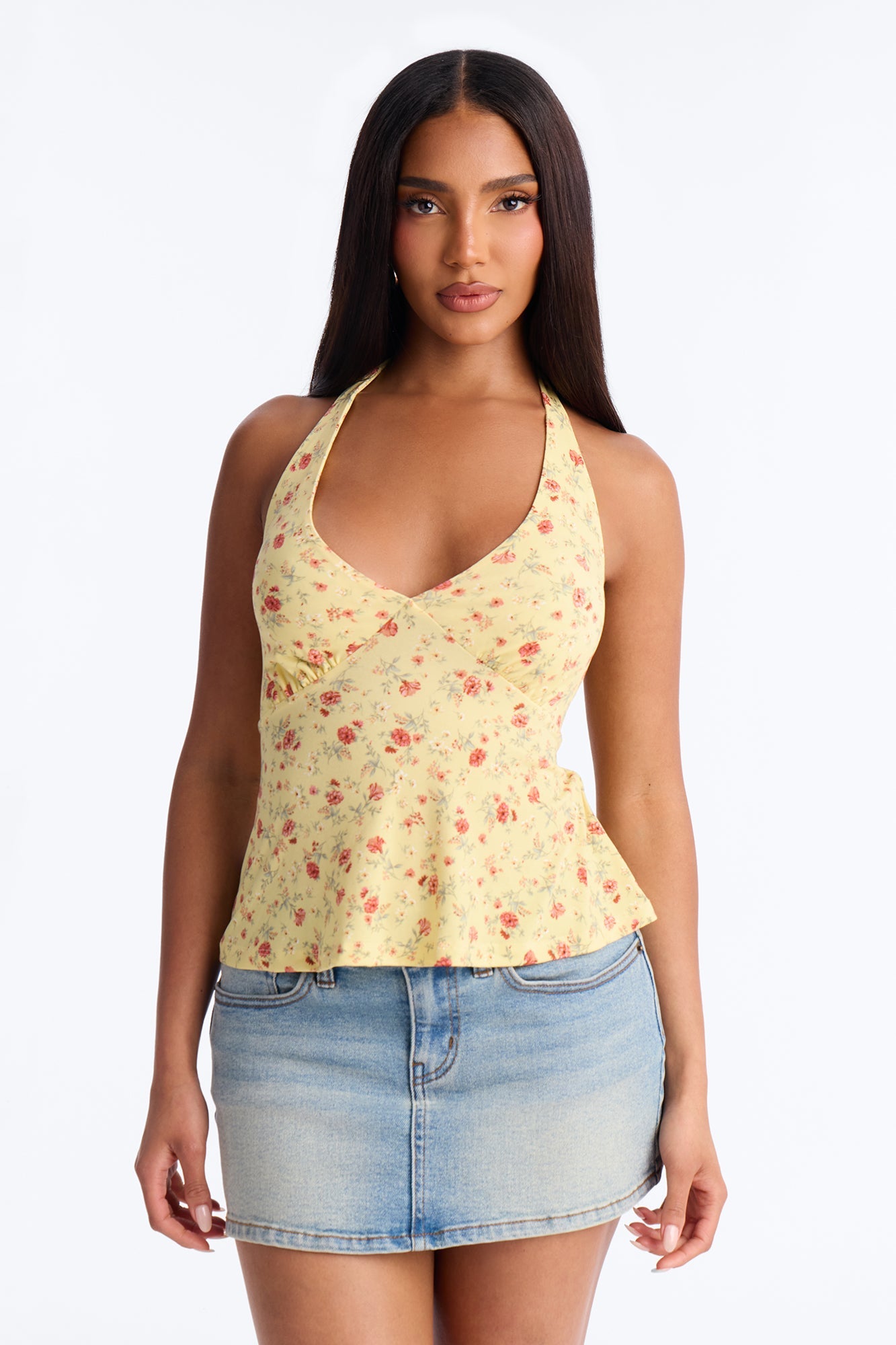 Rosie Double Lined Floral Halter Neck Top - Butter Yellow Fashion Nova