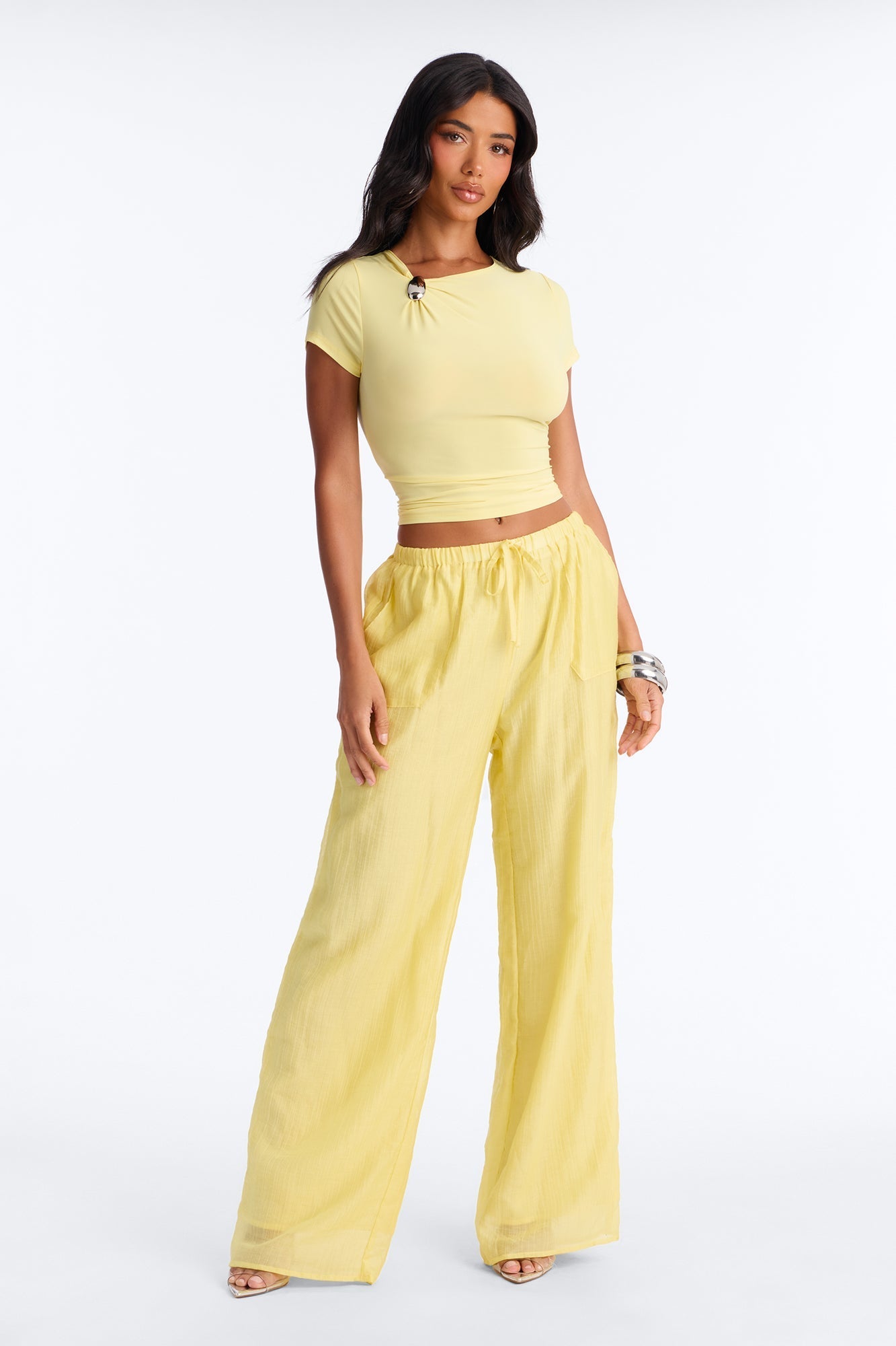 Lexi Hardware Asymmetrical Neck Short Sleeve Top - Butter Yellow NEWFASHIONEDGE