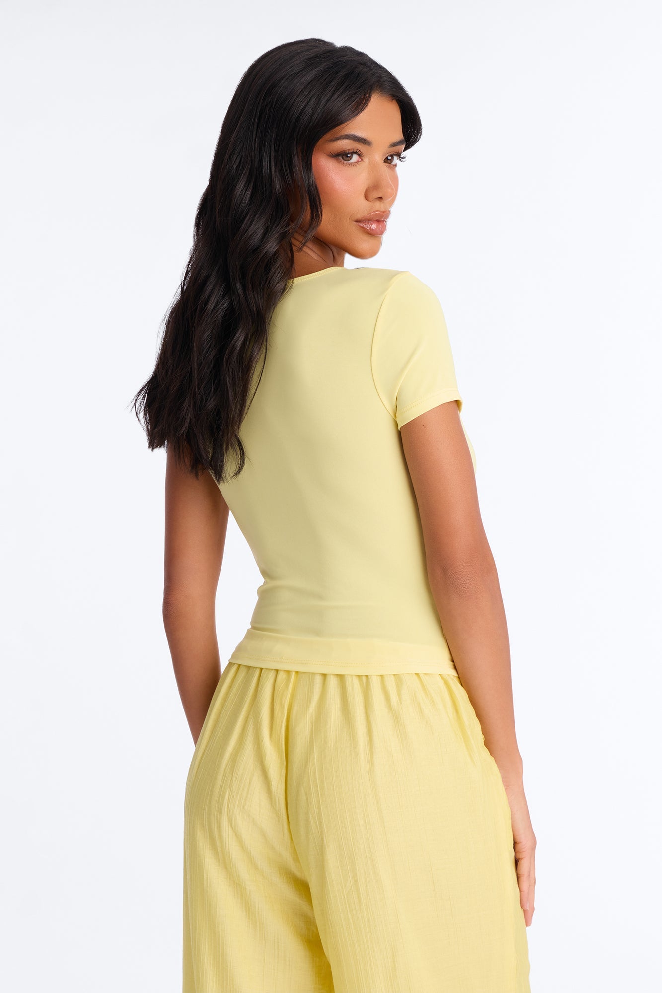 Lexi Hardware Asymmetrical Neck Short Sleeve Top - Butter Yellow