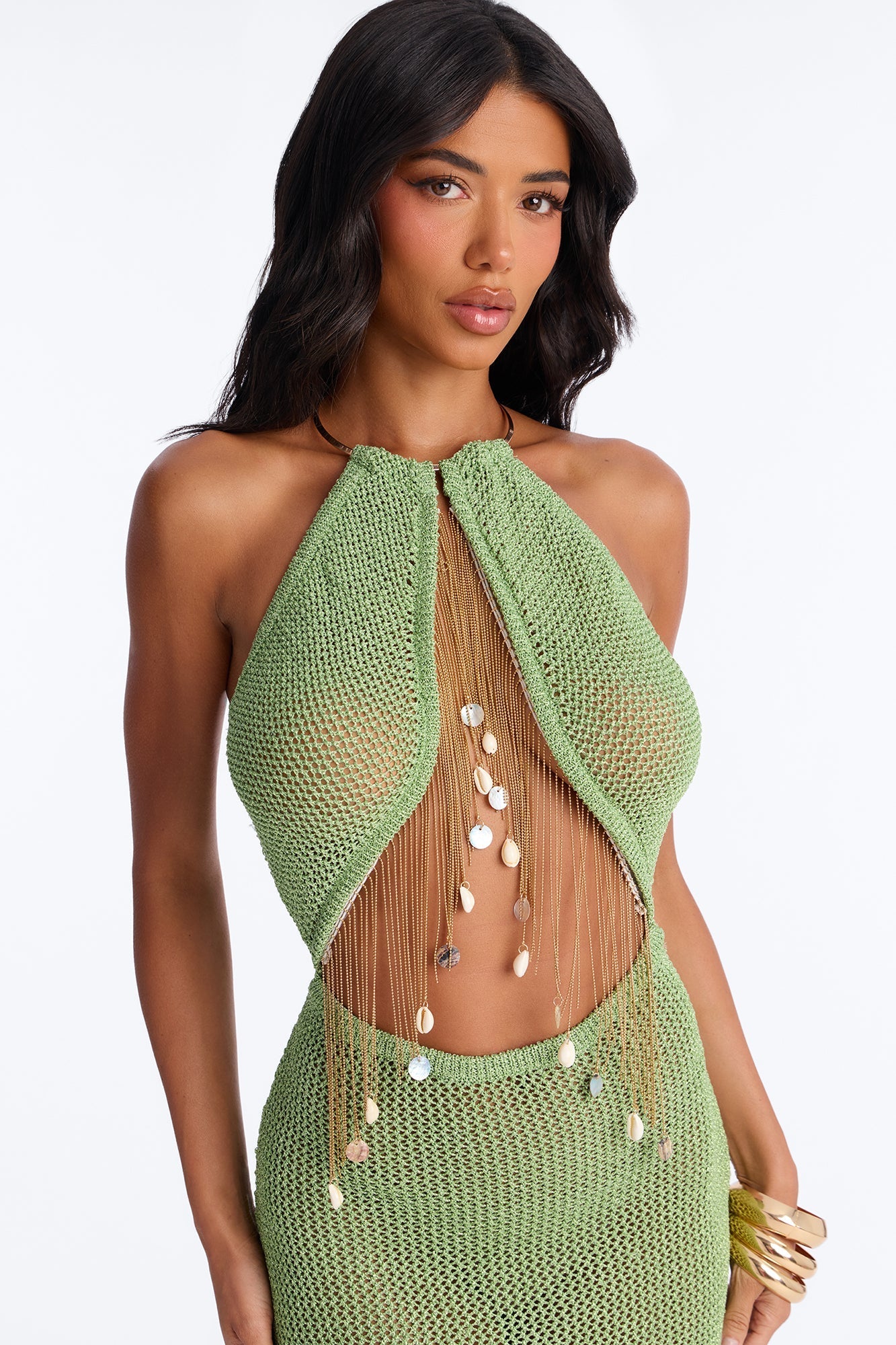 Island Heat Fringe Metallic Crochet Maxi Dress - Green NEWFASHIONEDGE