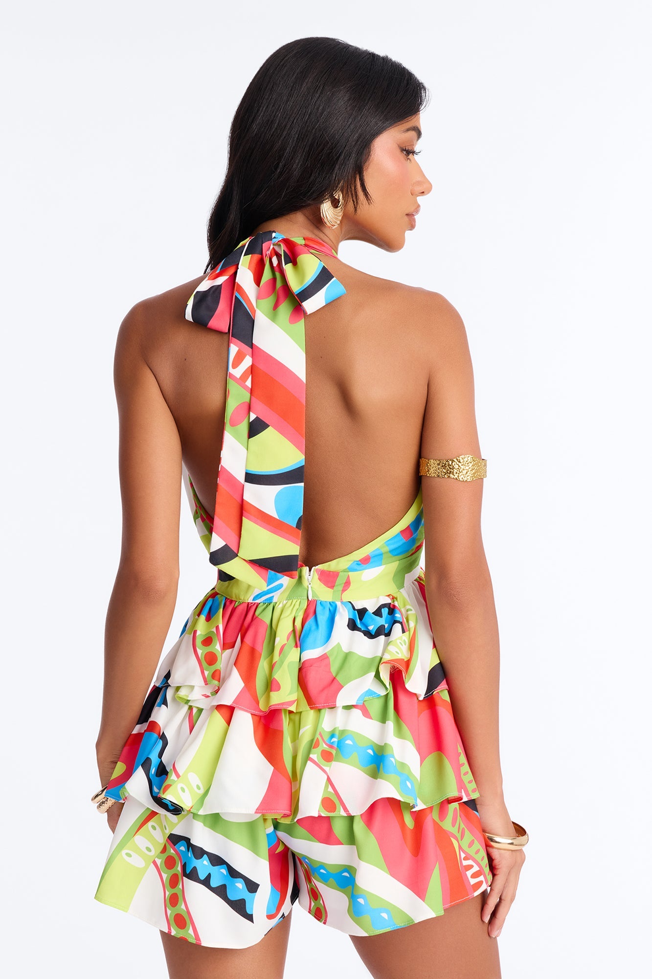 Rina Ruffle Backless Romper - Multi Color