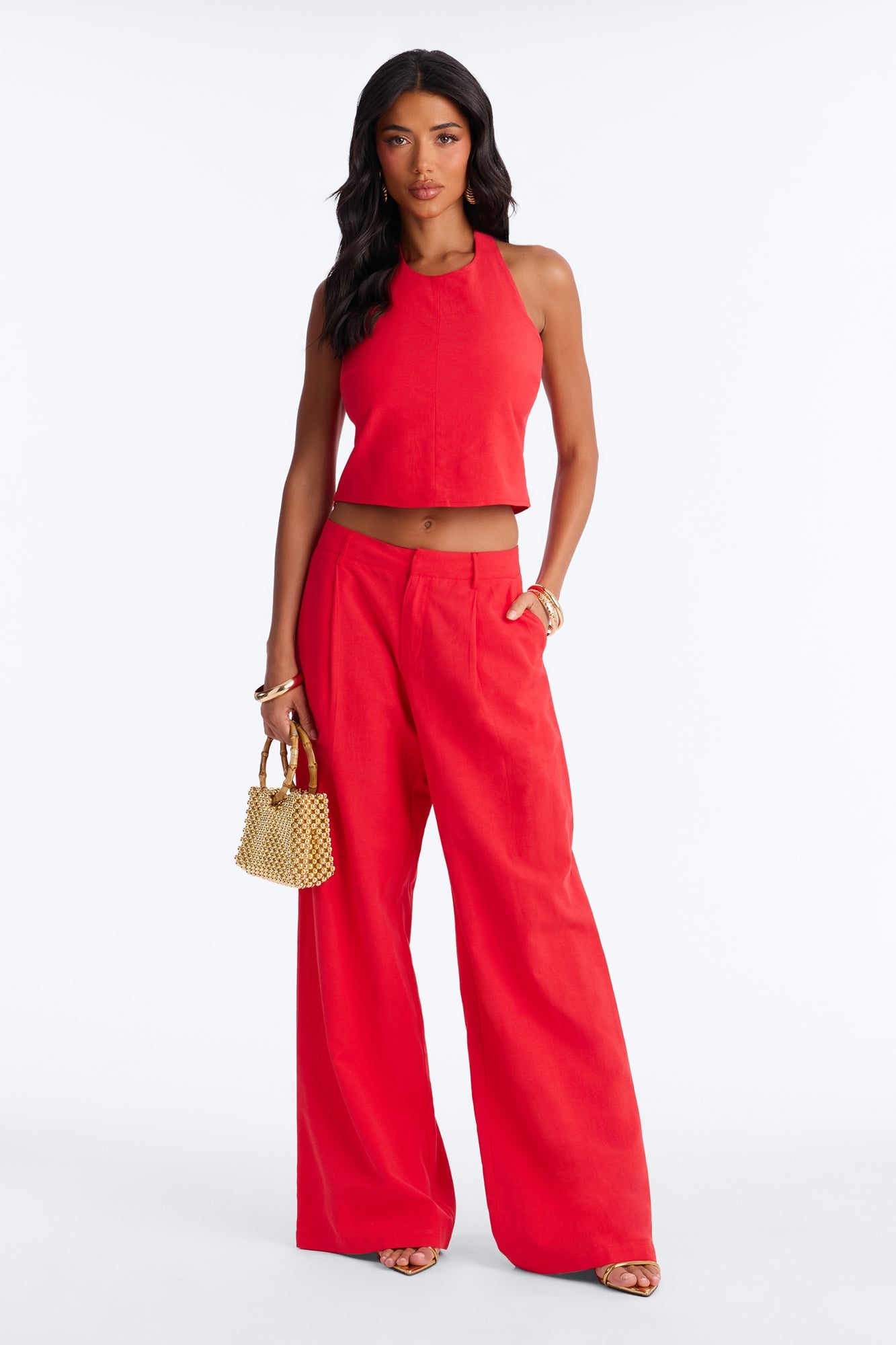 Ocean Breeze Linen Low Rise Pant 33″ - Tomato Red Fashion Nova