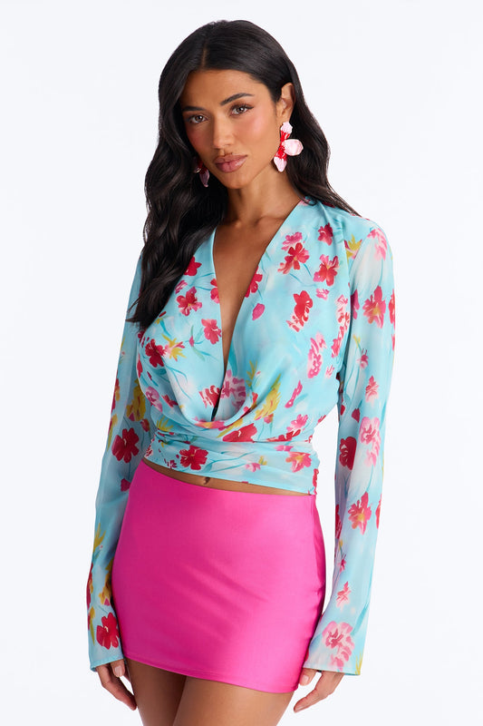 Chloe Cowl Neck Floral Chiffon Blouse - Blue/combo