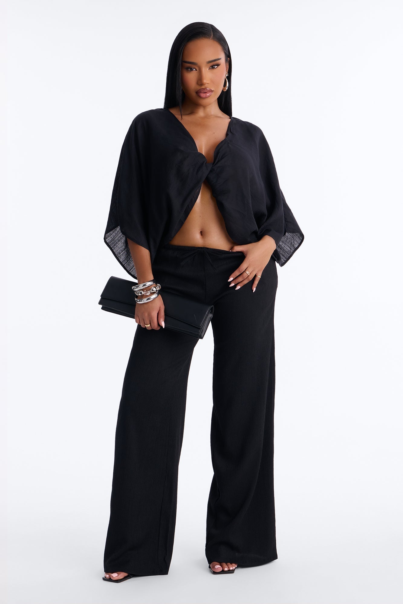 Sadie Low Rise Textured Wide Leg Pant 33″ - Black NEWFASHIONEDGE