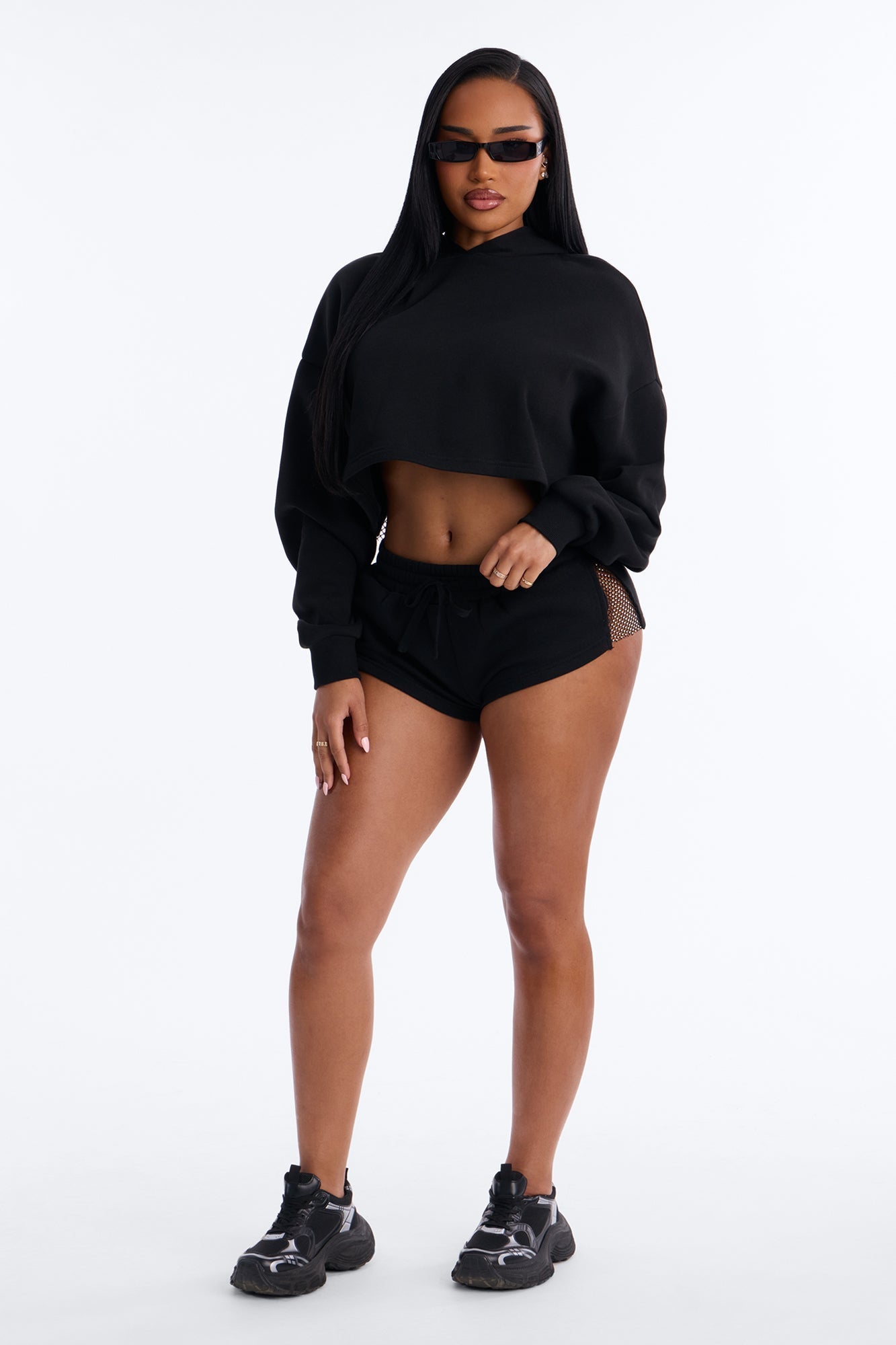Midnight Sparkle Rhinestone Fleece Short Set - Black NEWFASHIONEDGE