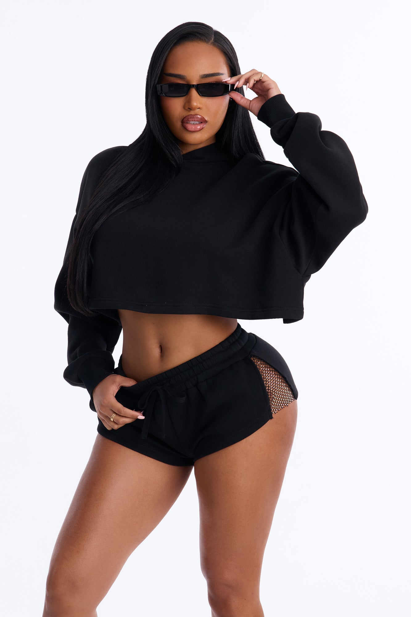 Midnight Sparkle Rhinestone Fleece Short Set - Black