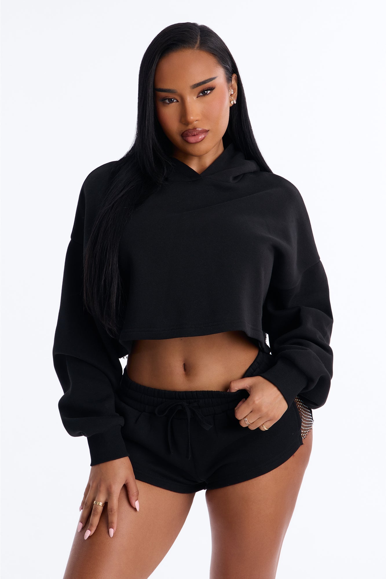 Midnight Sparkle Rhinestone Fleece Short Set - Black NEWFASHIONEDGE