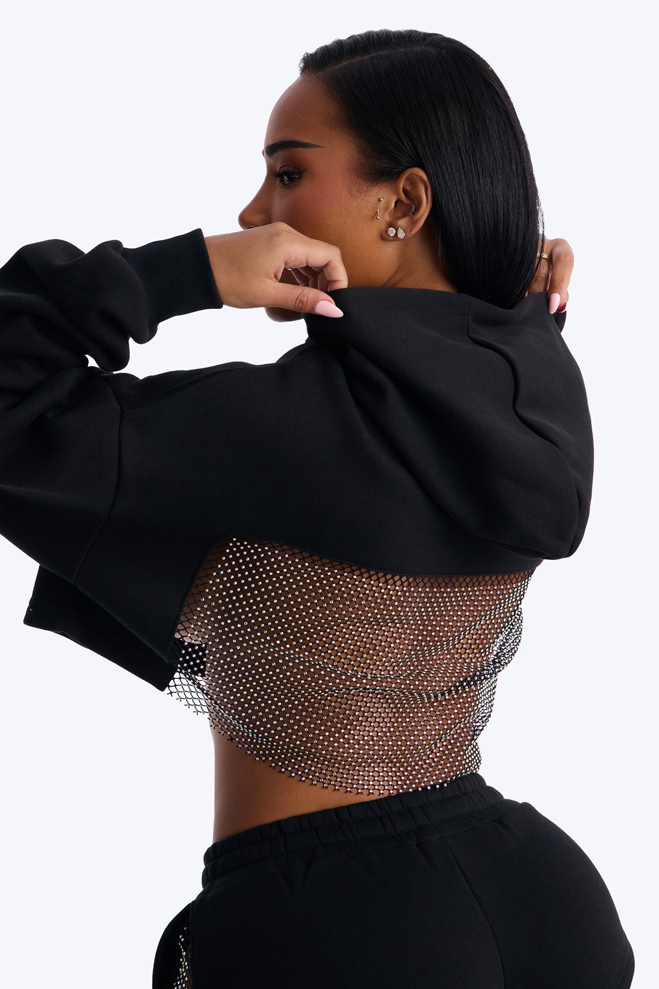 Midnight Sparkle Rhinestone Fleece Short Set - Black