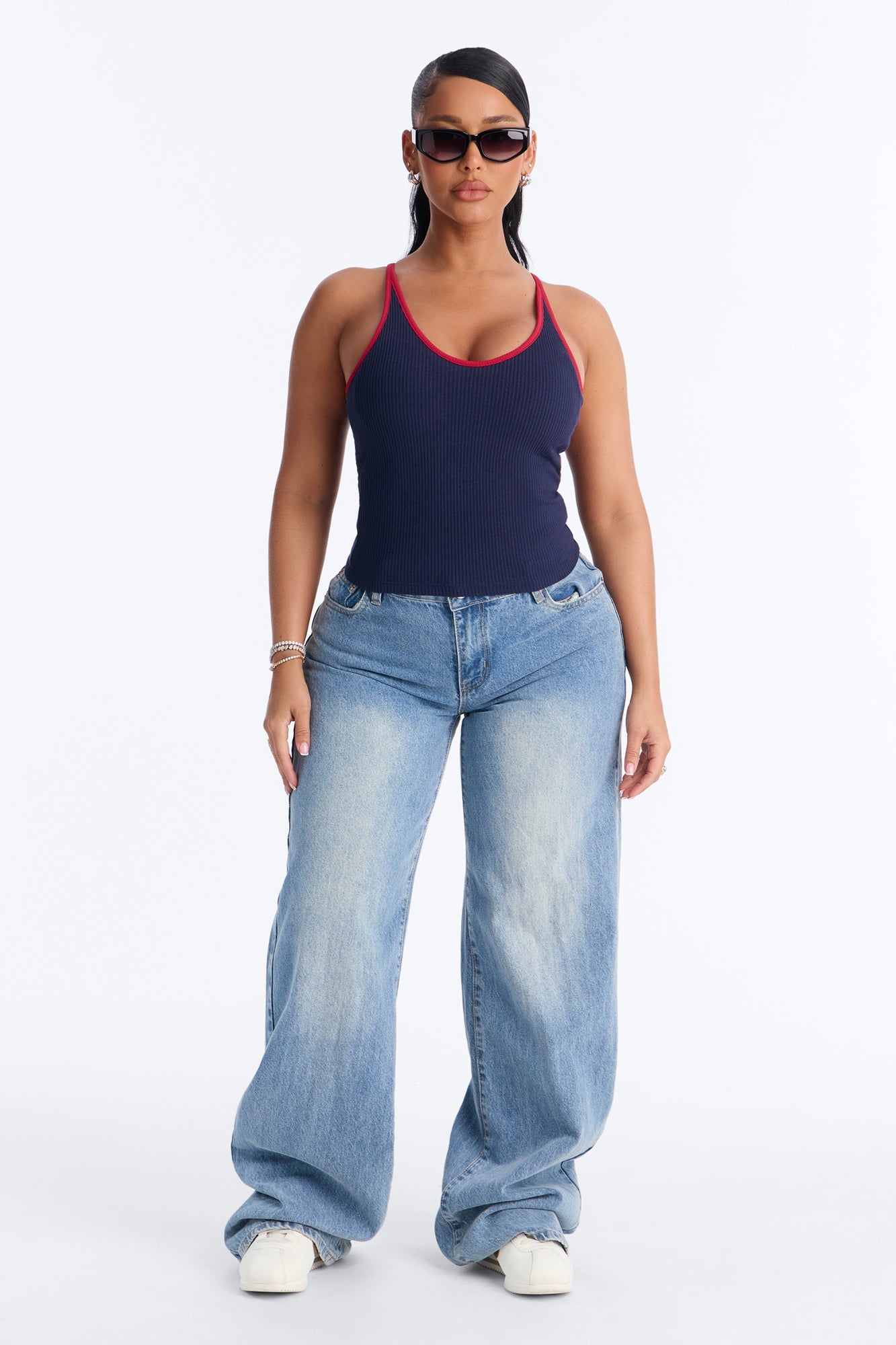 Boat Days Ribbed Padded Scoop Neck Tank Top - Navy/combo Fashion Nova