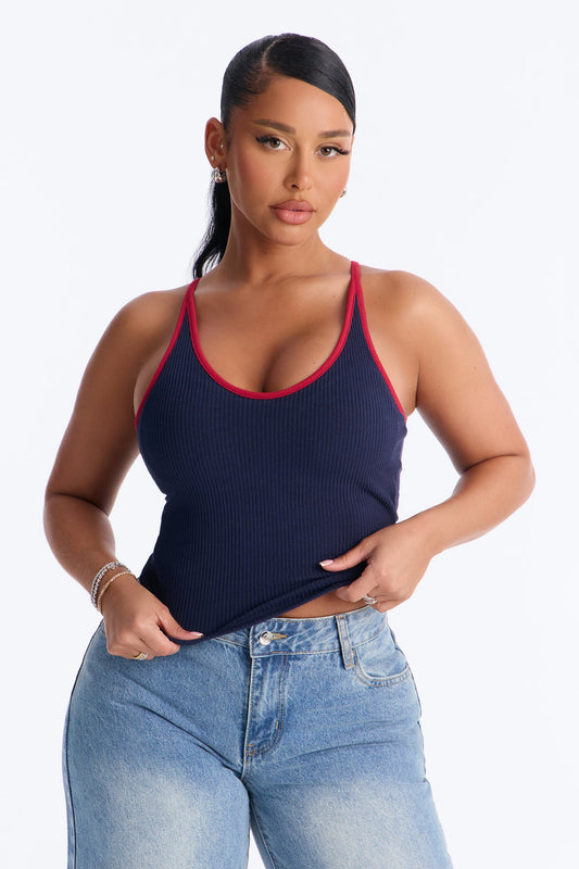Boat Days Ribbed Padded Scoop Neck Tank Top - Navy/combo Fashion Nova