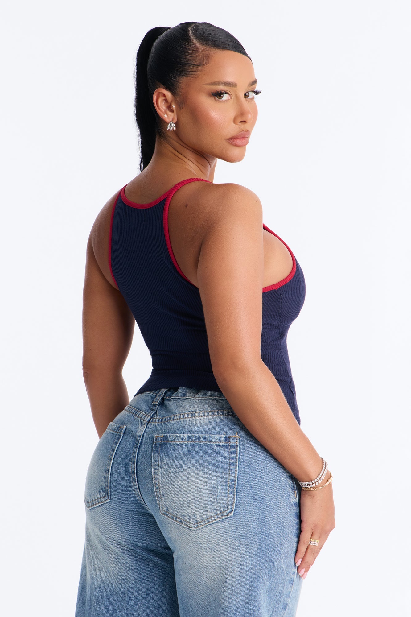 Boat Days Ribbed Padded Scoop Neck Tank Top - Navy/combo Fashion Nova