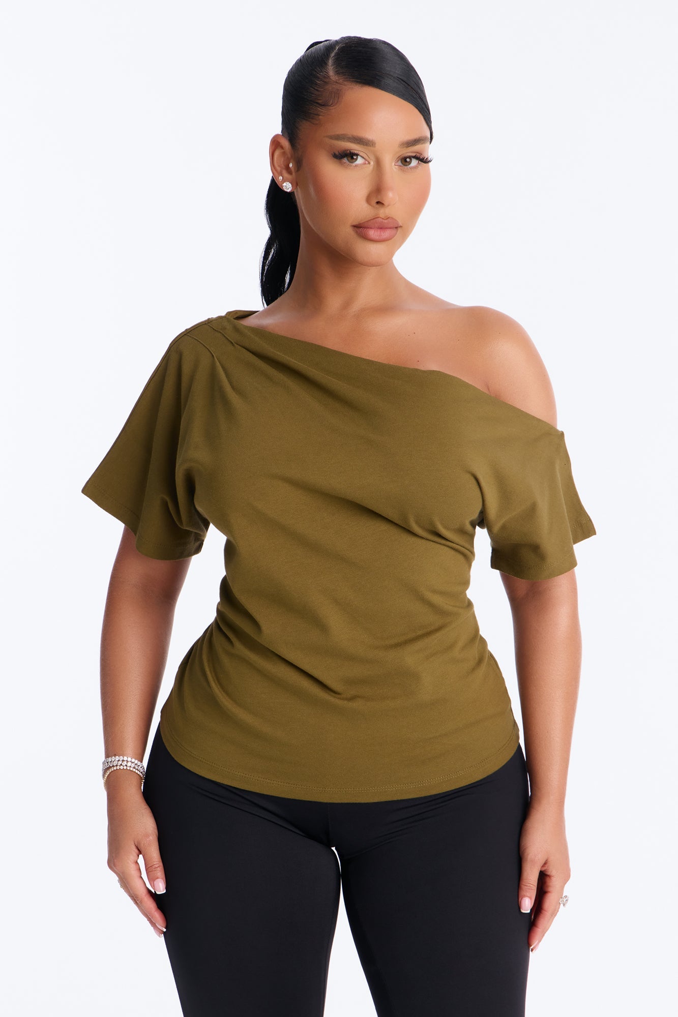 City Lounge Off Shoulder Short Sleeve T-Shirt - Olive