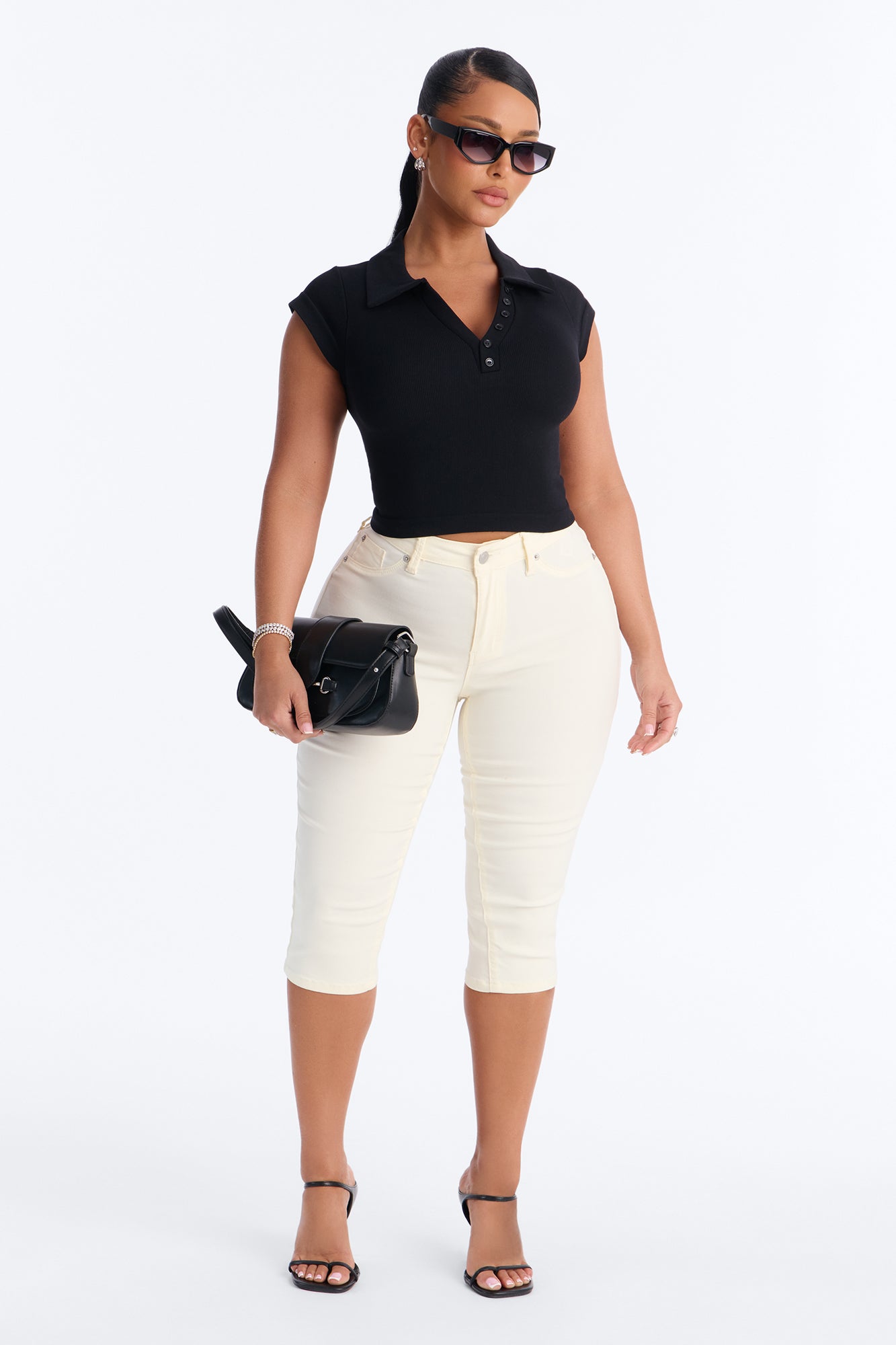 Camila Cap Sleeve Basic Polo Top - Black NEWFASHIONEDGE