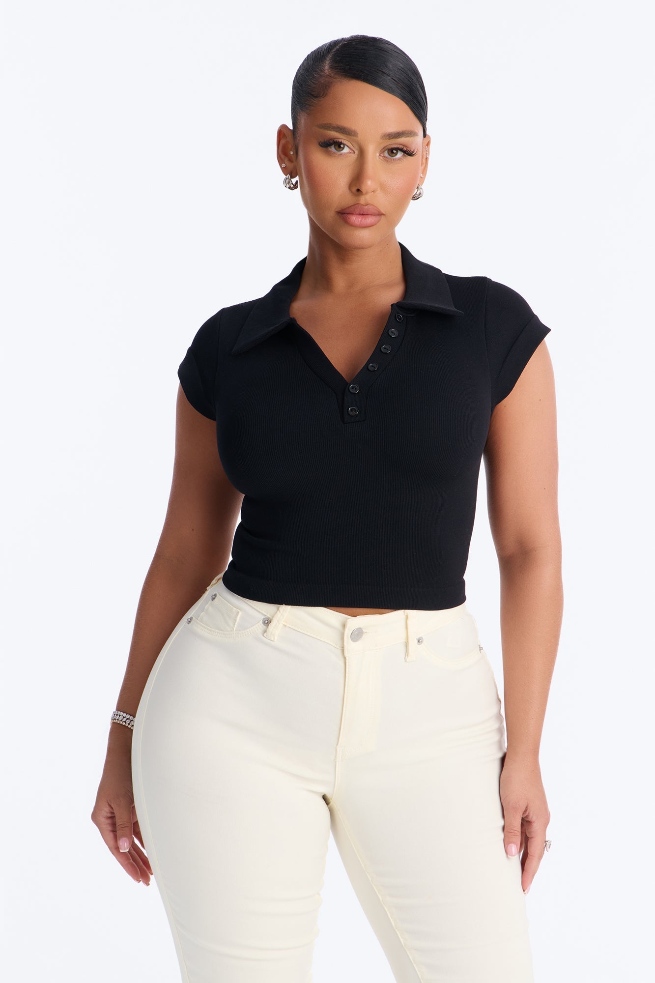 Camila Cap Sleeve Basic Polo Top - Black NEWFASHIONEDGE