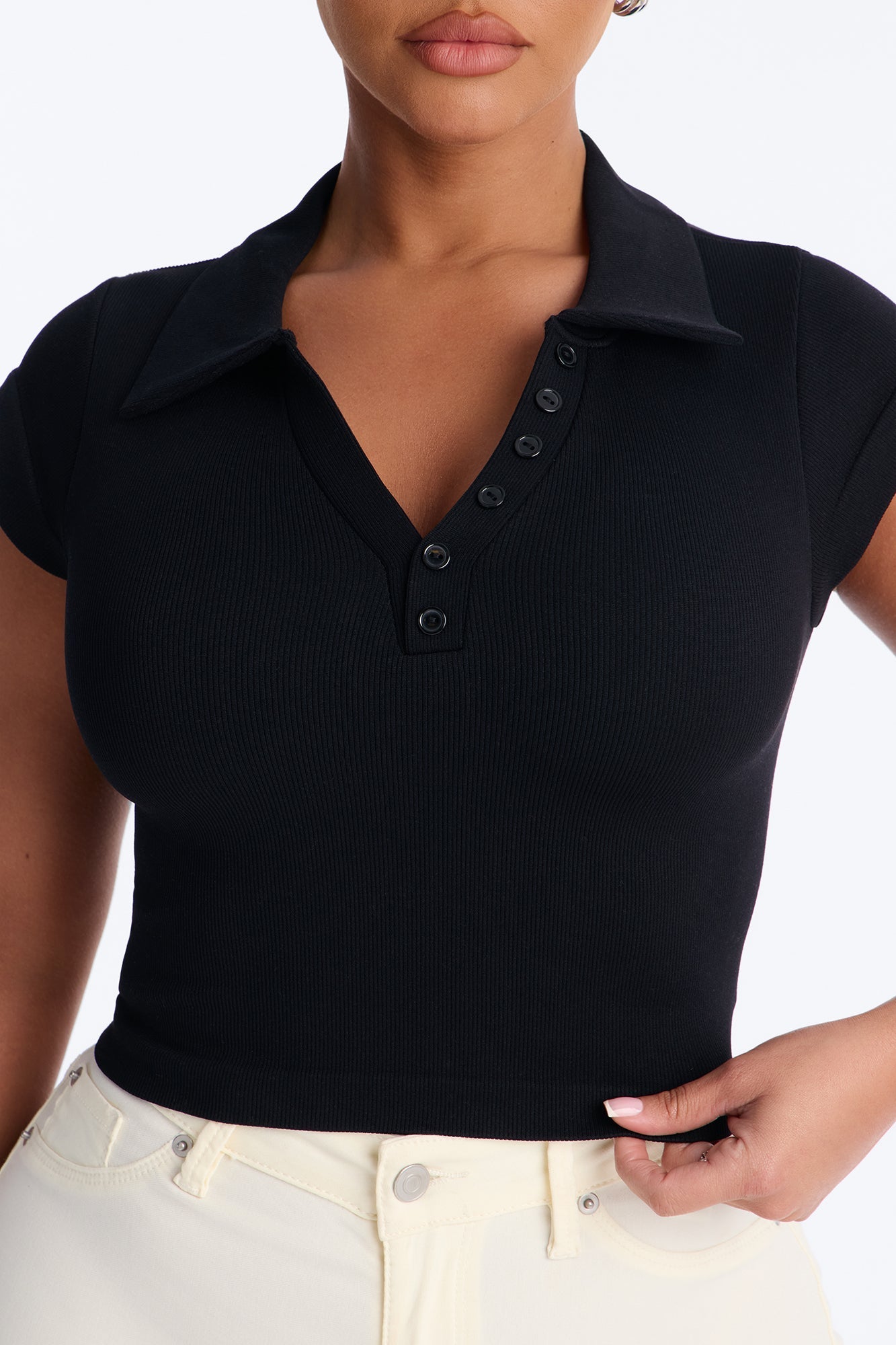 Camila Cap Sleeve Basic Polo Top - Black NEWFASHIONEDGE