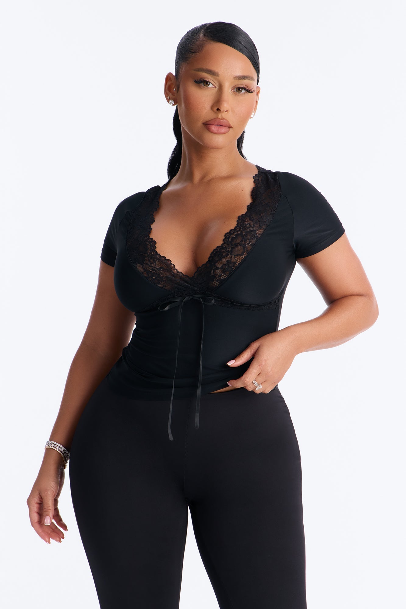 Bridget Lace Trim Short Sleeve Top - Black