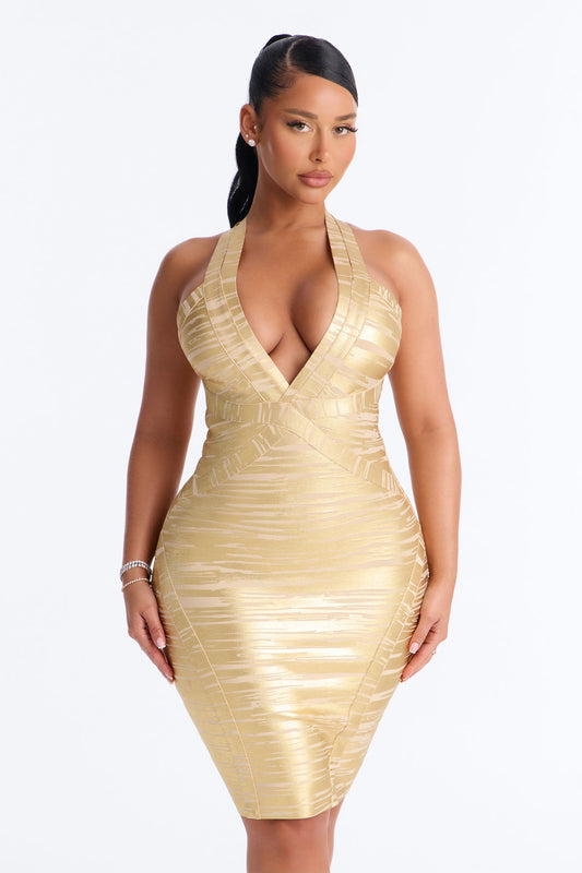 Shanaya Metallic Bandage Midi Dress - Gold