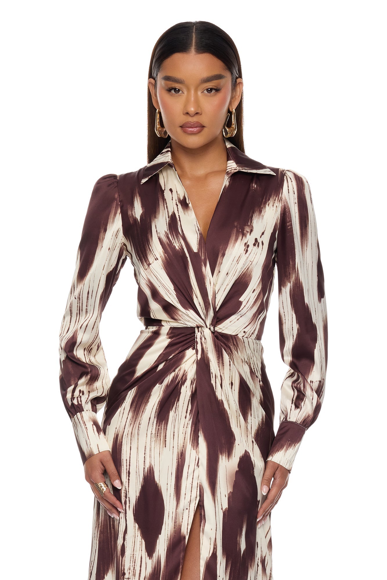 Sashira Collared Satin Maxi Dress - Brown/combo NEWFASHIONEDGE