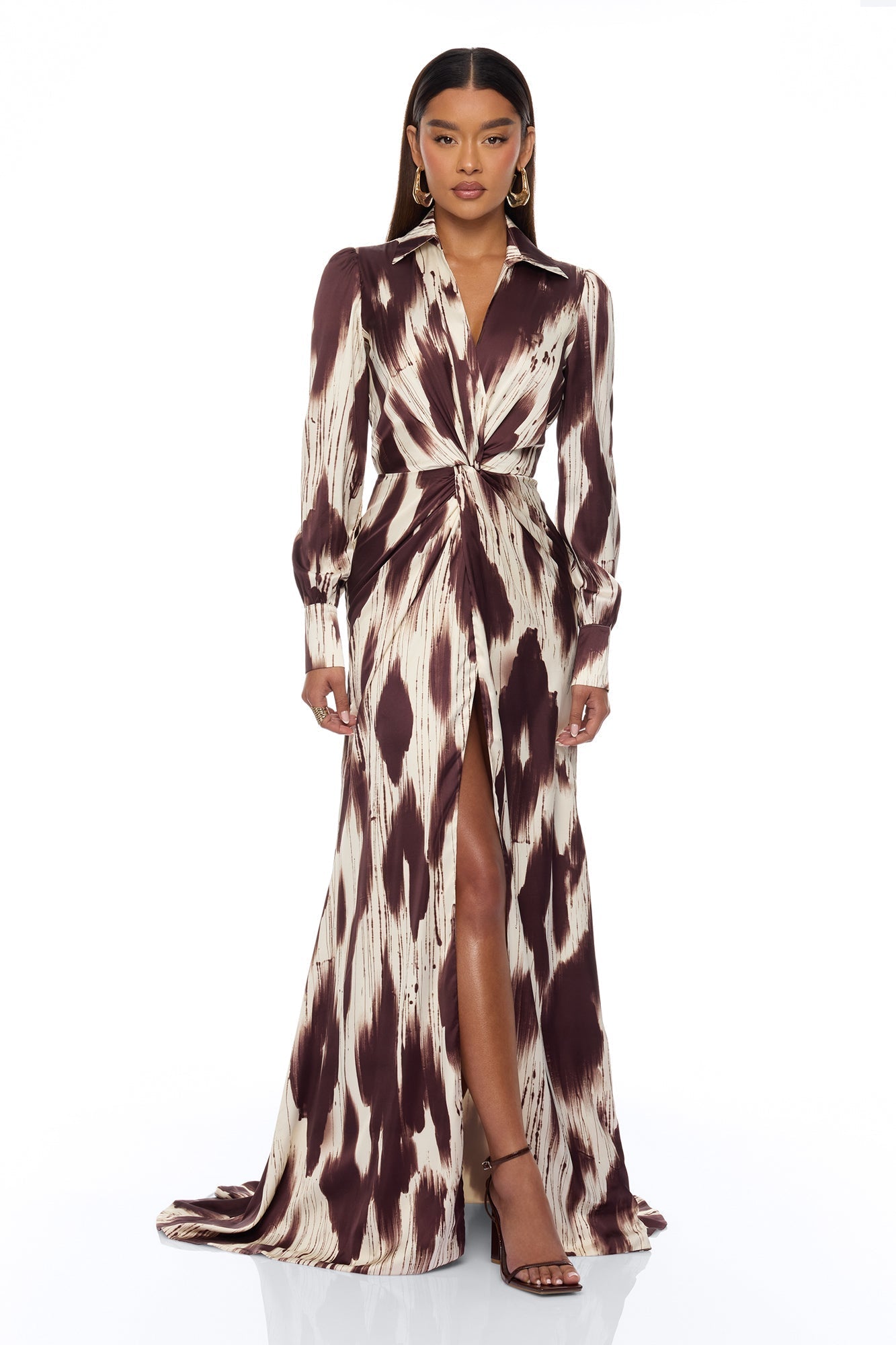 Sashira Collared Satin Maxi Dress - Brown/combo NEWFASHIONEDGE