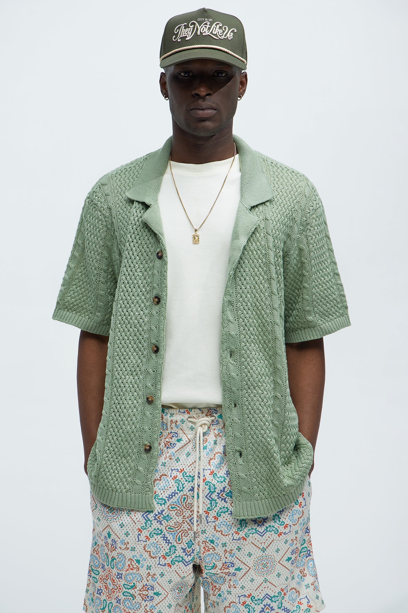 Unwind Cable Knit Short Sleeve Button Up - Sage