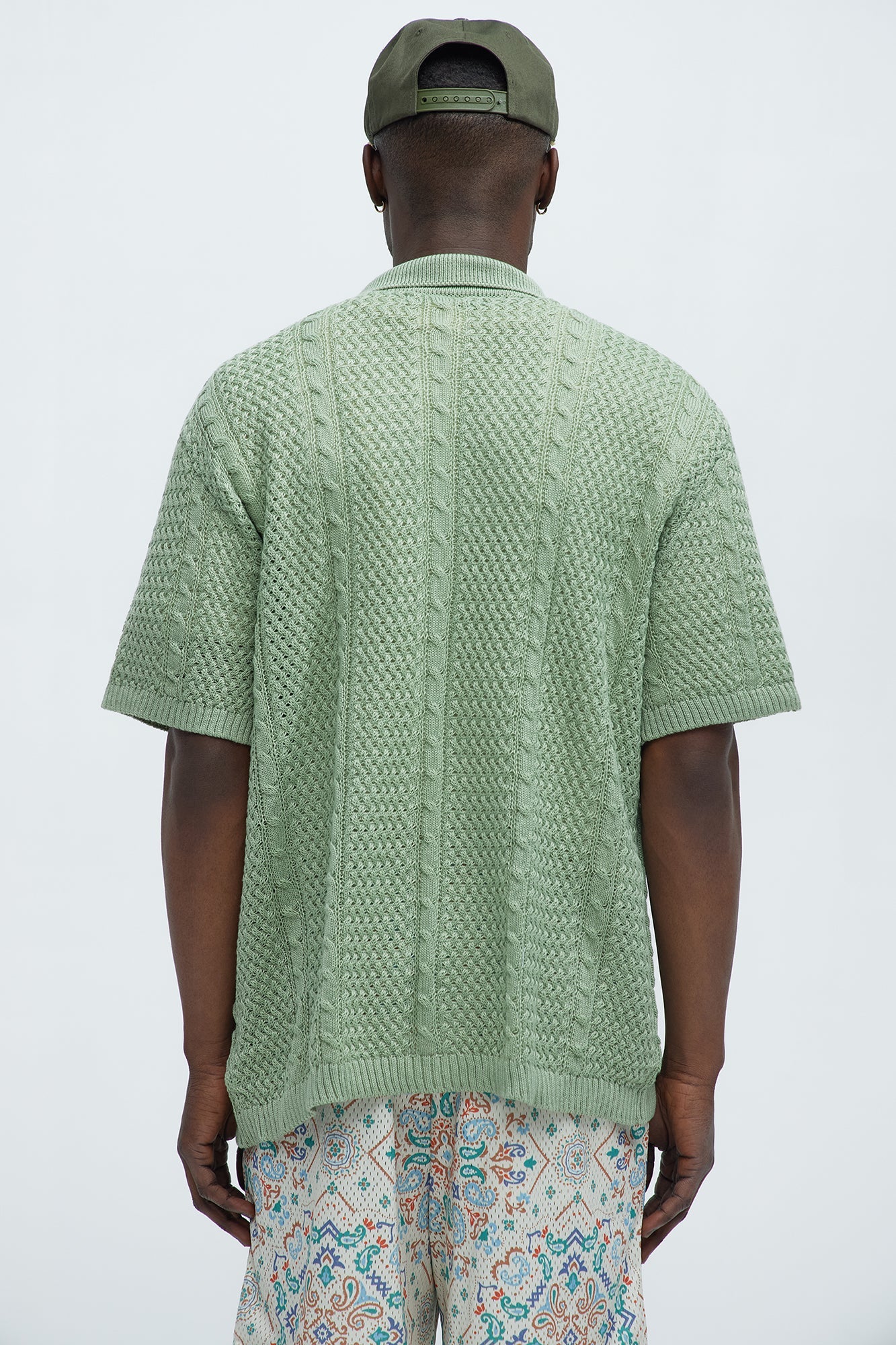 Unwind Cable Knit Short Sleeve Button Up - Sage