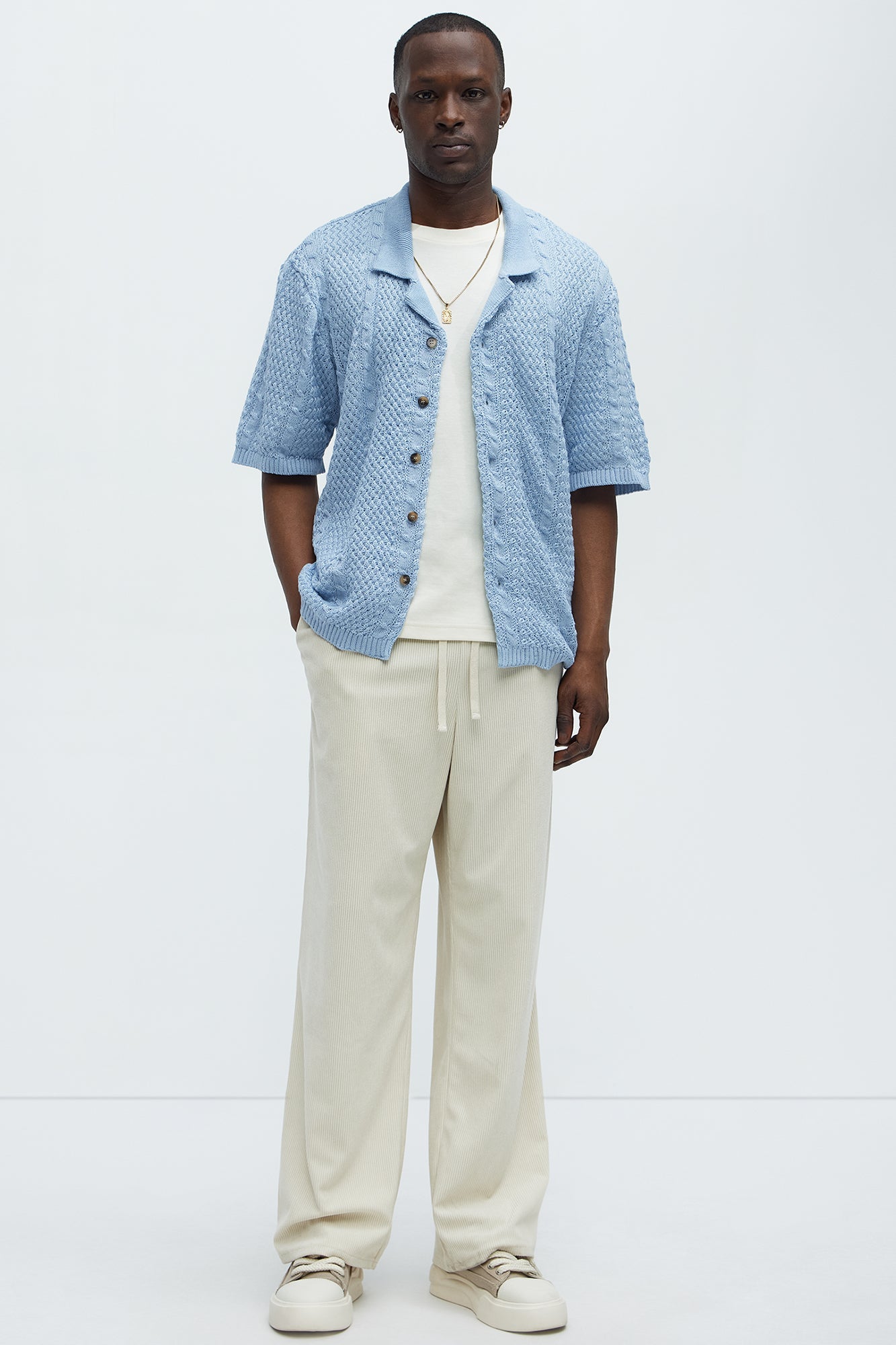 Unwind Cable Knit Short Sleeve Button Up - Blue