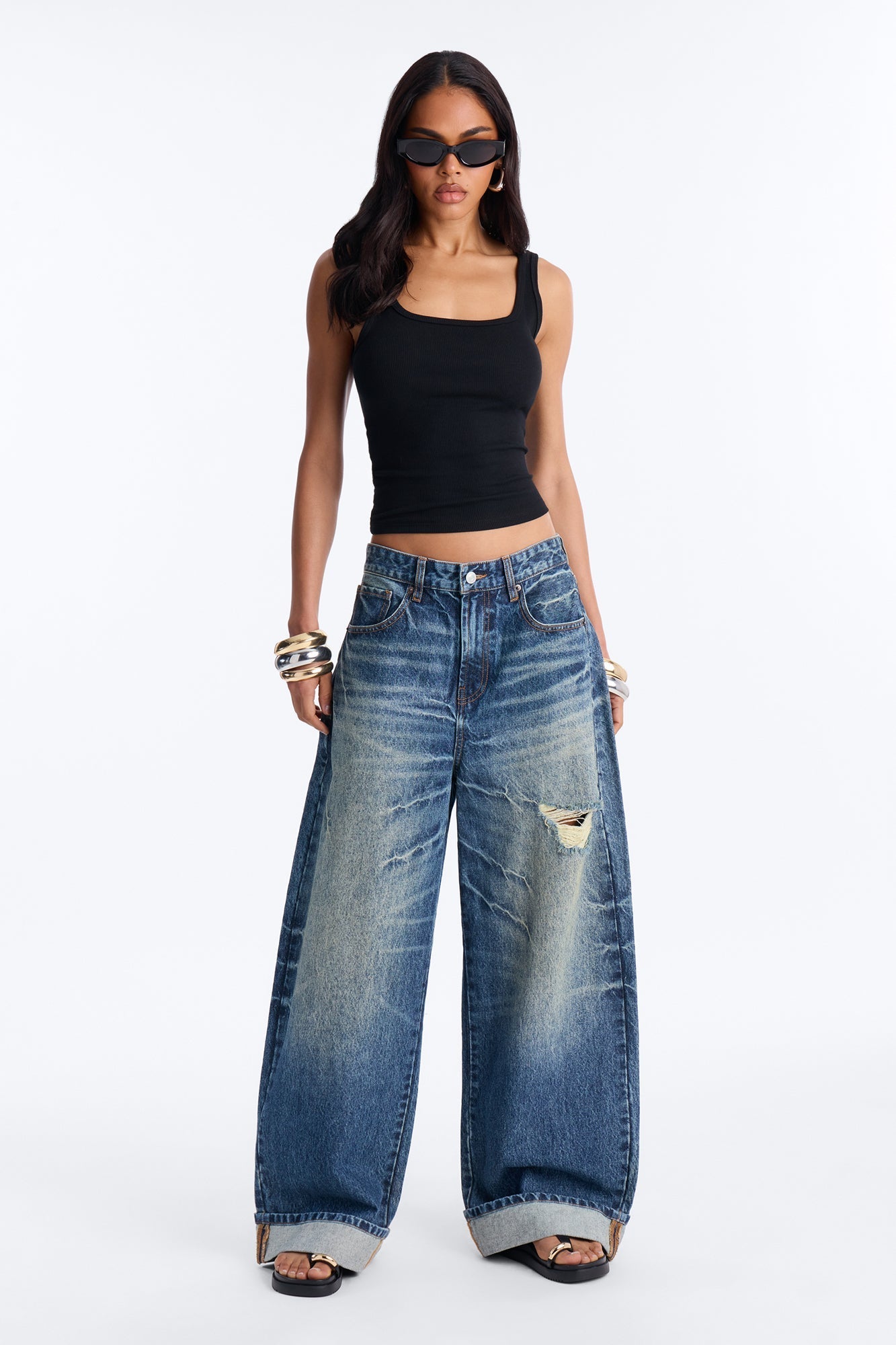 Real Thoughts Baggy Cuffed Wide Leg Jeans - Vintage Wash