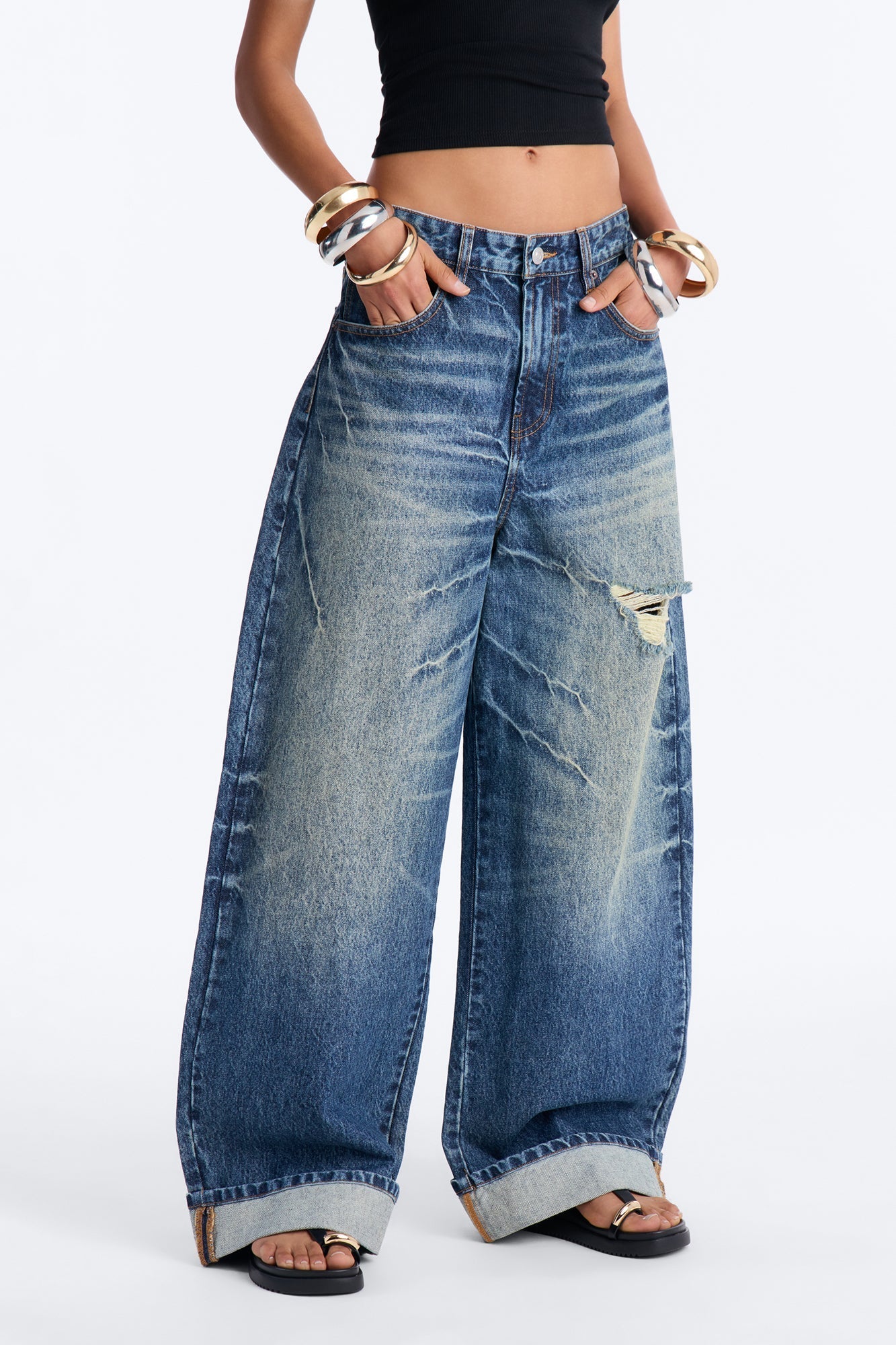 Real Thoughts Baggy Cuffed Wide Leg Jeans - Vintage Wash