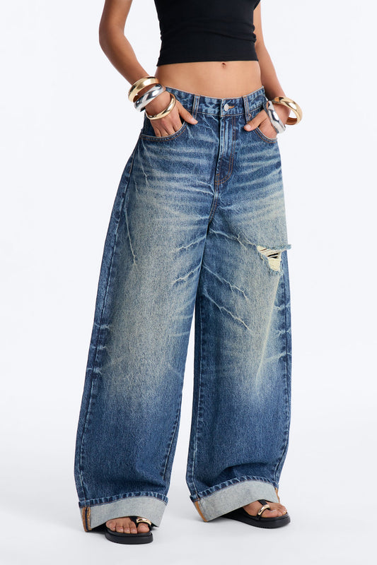 Real Thoughts Baggy Cuffed Wide Leg Jeans - Vintage Wash