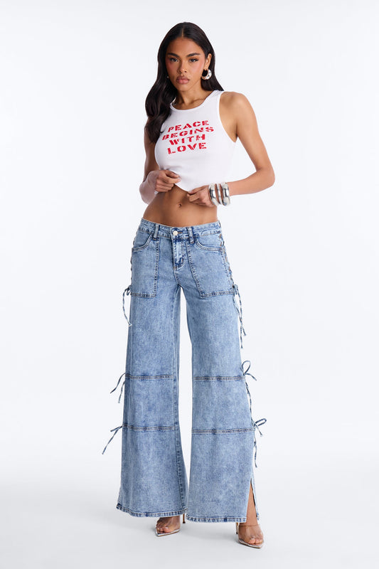 Pull Through Lace Up Stretch Tie Jeans - Medium Wash