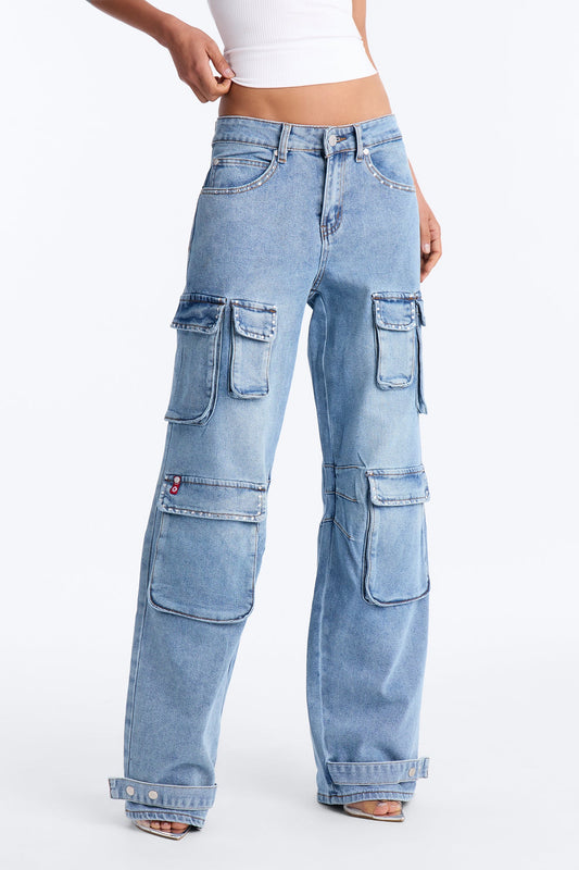 Southpole Embellished Loose Fit Cargo Jeans - Light Wash