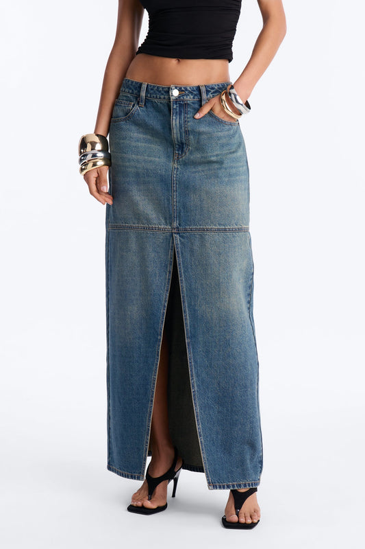 Playing For Keeps Denim Maxi Skirt - Vintage Wash NEWFASHIONEDGE