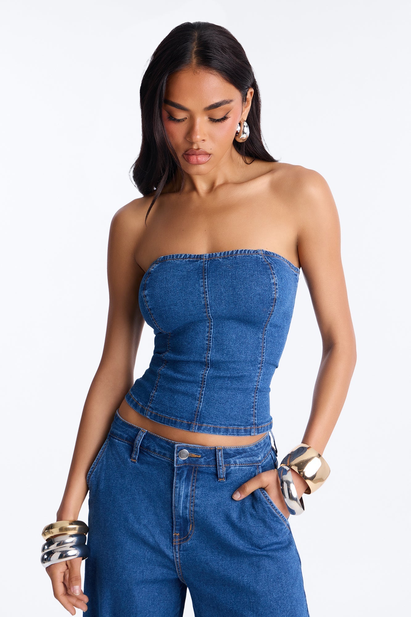 Paige Strapless Denim Pant Set - Dark Wash NEWFASHIONEDGE