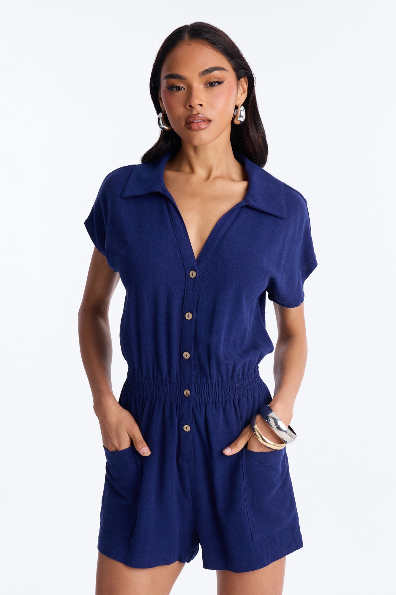 Caroline Button Up Linen Romper - Navy Fashion Nova