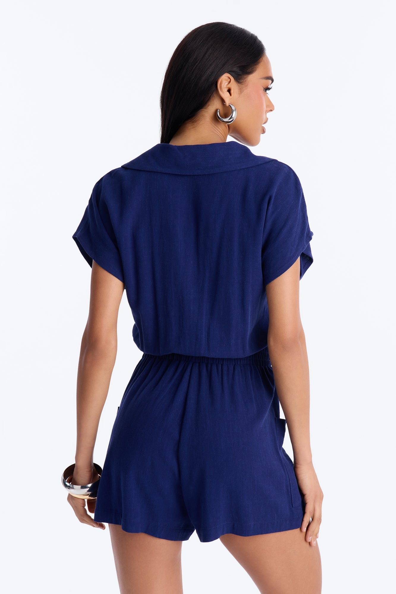 Caroline Button Up Linen Romper - Navy Fashion Nova