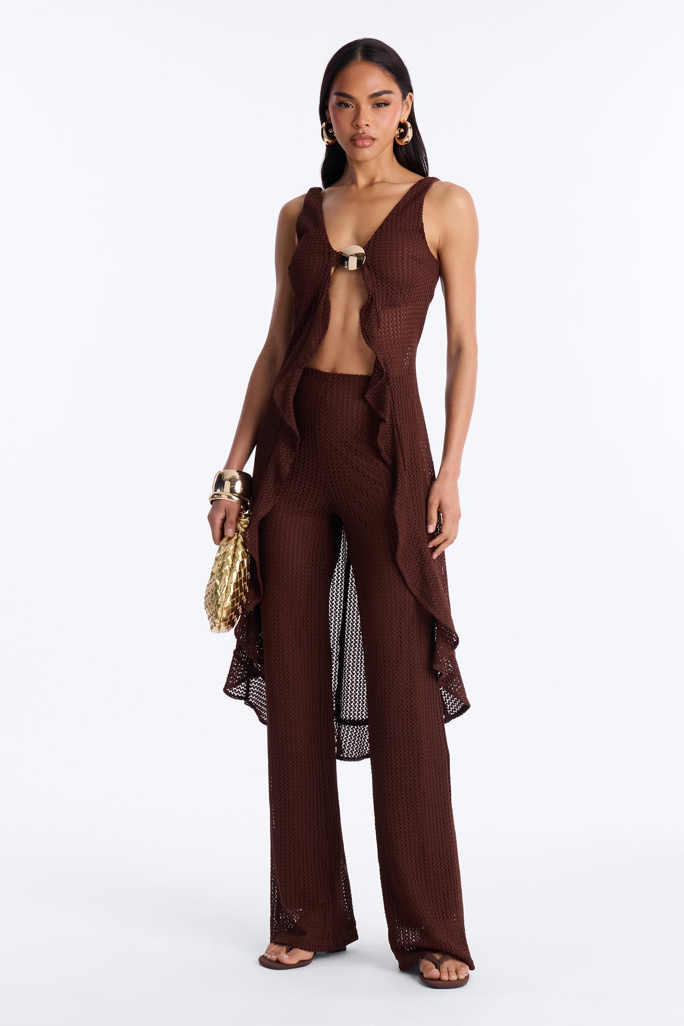 Jenni Flowy Crochet Pant Set - Chocolate NEWFASHIONEDGE